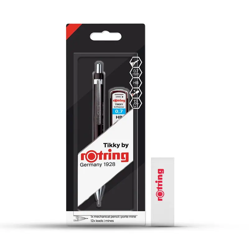 Rotring Tikky Black Barrel 0.5 & 0.7mm Mechanical Pencil, Spare Leads and Eraser