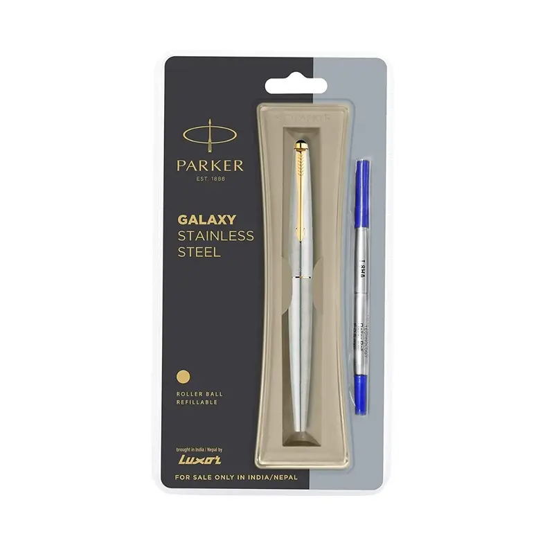 Parker Galaxy Stainless Steel Gold Trim Roller Ball Pen