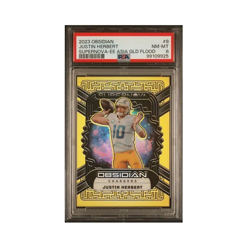 Justin Herbert 2023 Panini Obsidian Supernova Asia Gold Flood #8  PSA 8