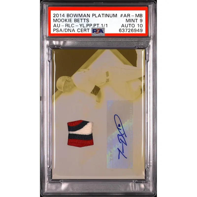 Mookie Betts 2014 Bowman Platinum Autograph Relic #AR-MB 1/1 Yellow Printing Plate PSA 9