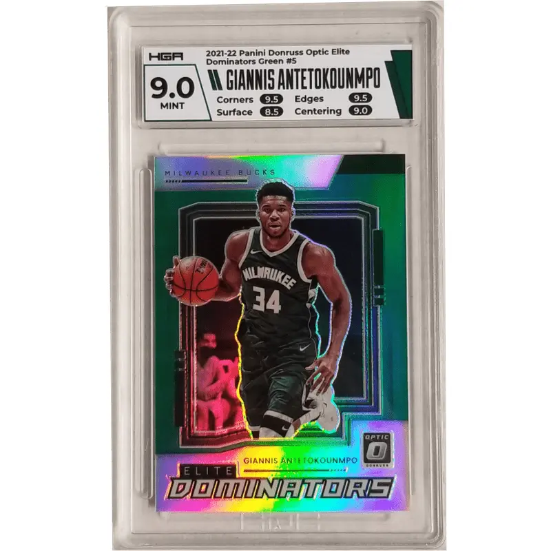 Giannis Antetokounmpo: 2021-22 Panini Donruss Optic Elite Dominators Green #5 HGA 9.0