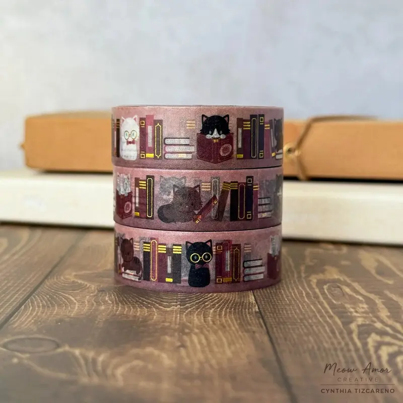 Meow Amor Creative - Blush Book Cats Gold Foil Washi Tape